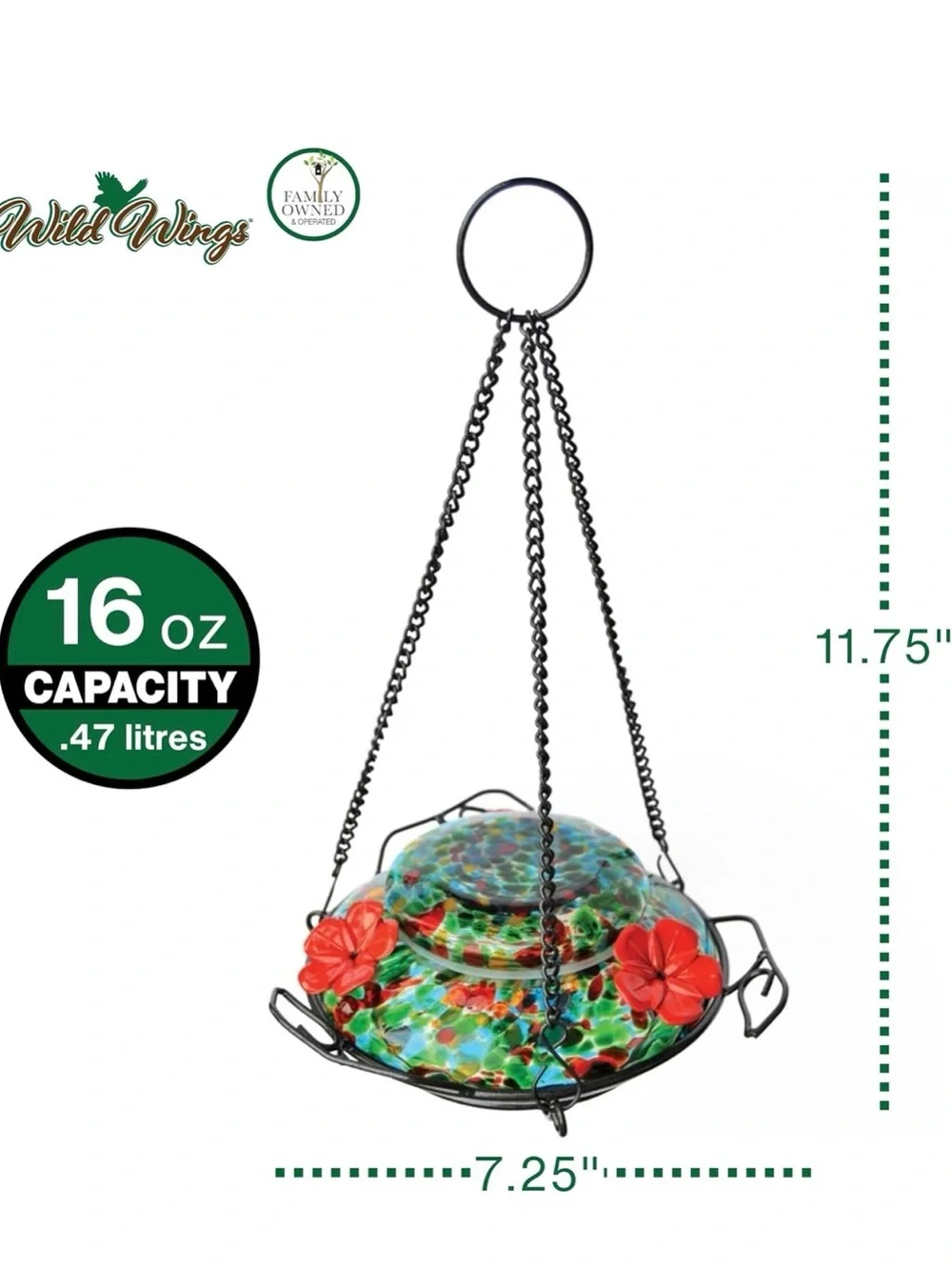 Wild Wings Colorful Glass Hummingbird Feeder - Multicolor